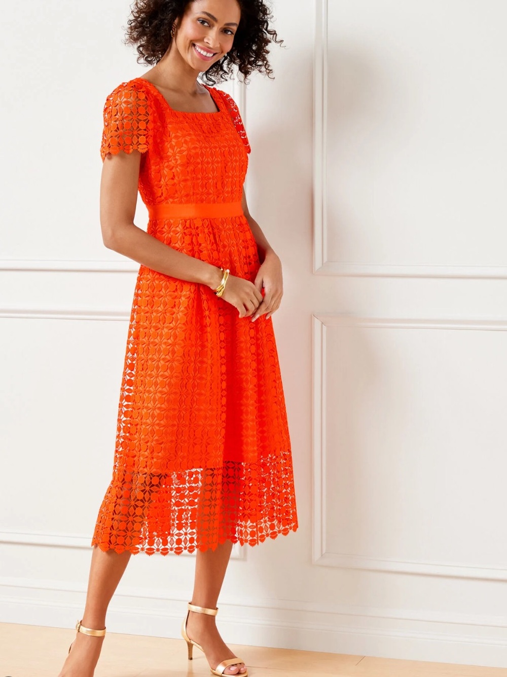Talbots Bright Orange Lace Fit & Flare short sleeve midi Dress Women’s Sz 10 NWT